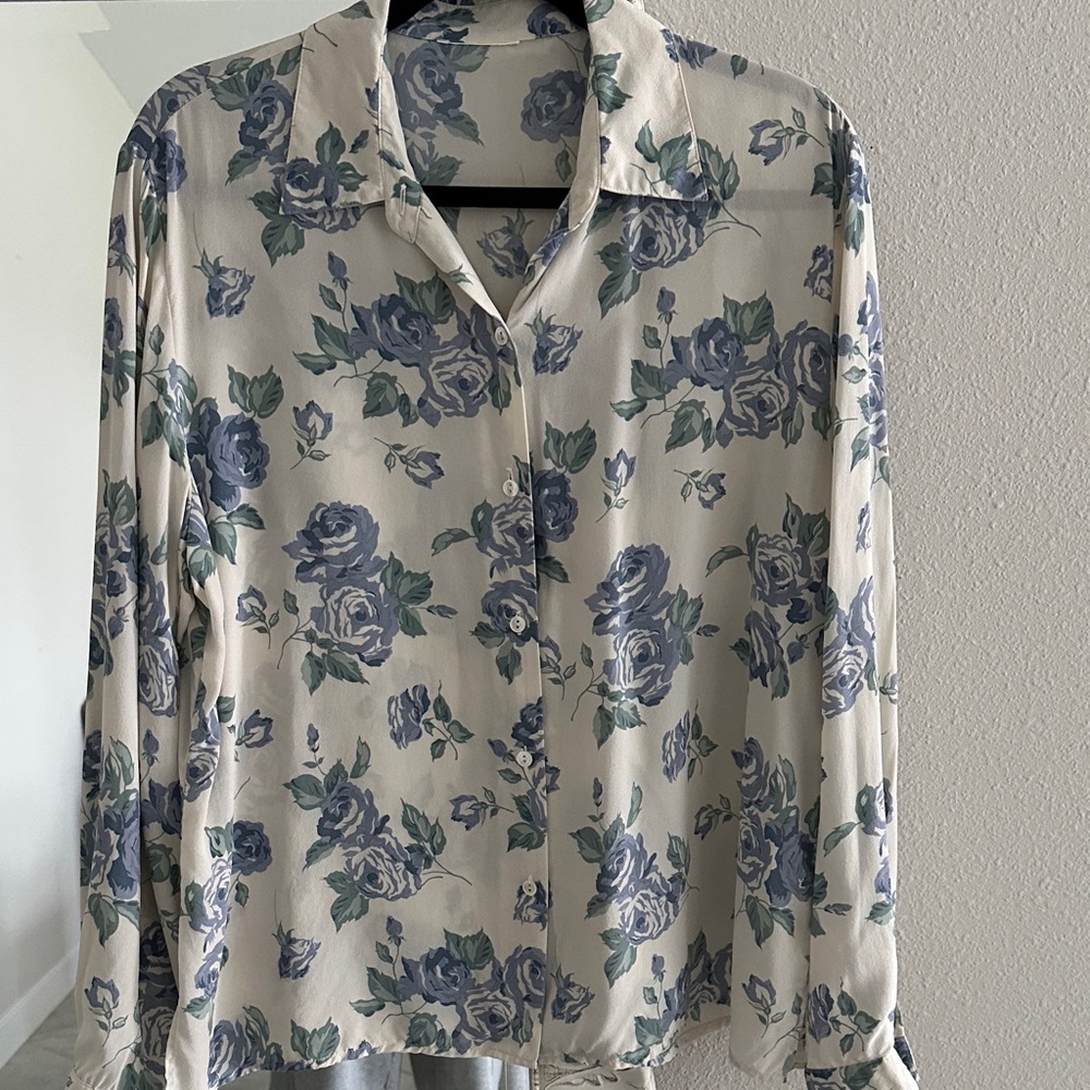 Silk Blue and Cream Floral Button Down Shirt